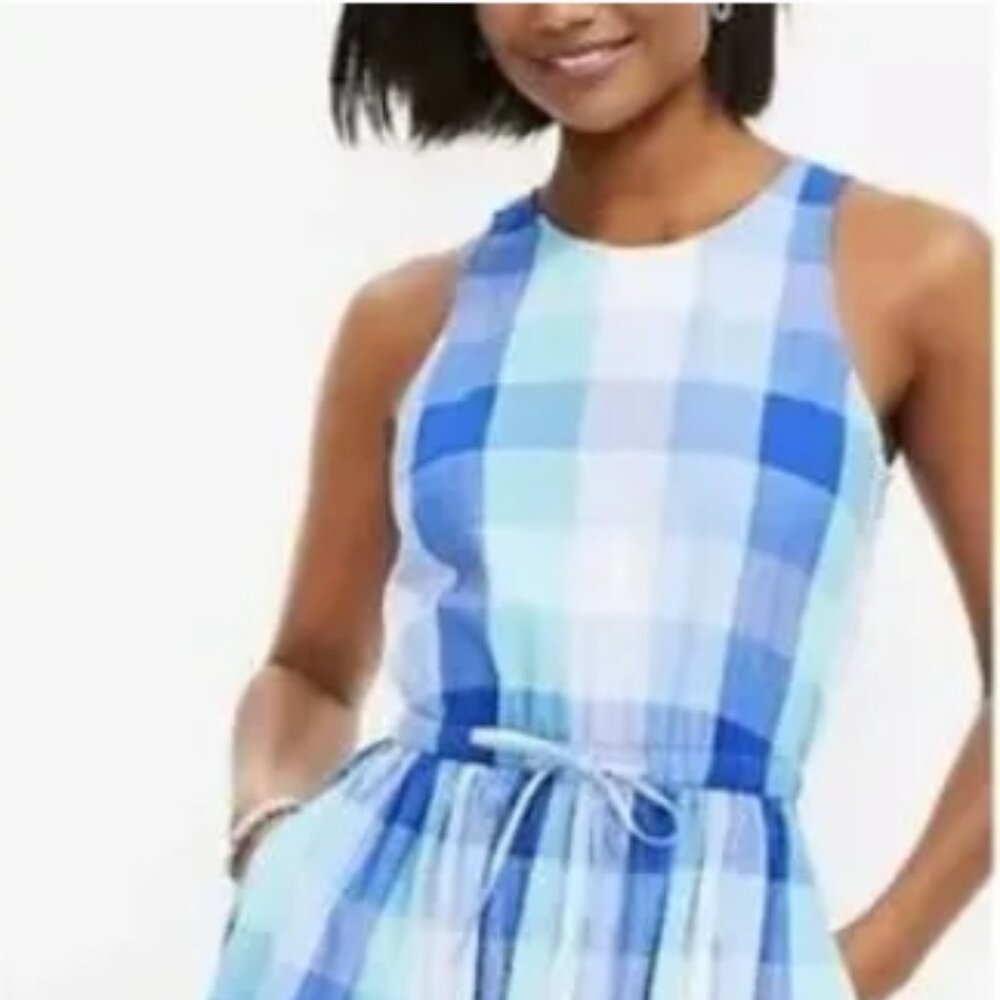 NWT LOFT Blue Plaid Seersucker Midi Dress Size L